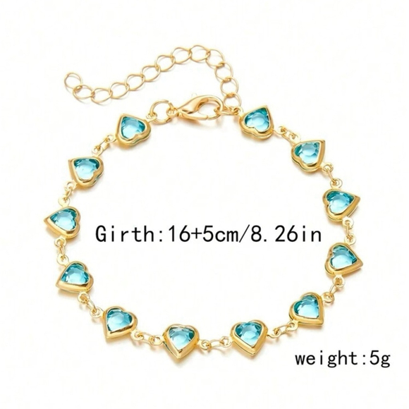⚠️Clearance Blue Rhinestone Heart Charm Yellow Gold Bracelet SS - Picture 2 of 4
